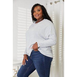Seam Detail Round Neck Long Sleeve Top Solid LIGHT GRAY PLUS SIZE